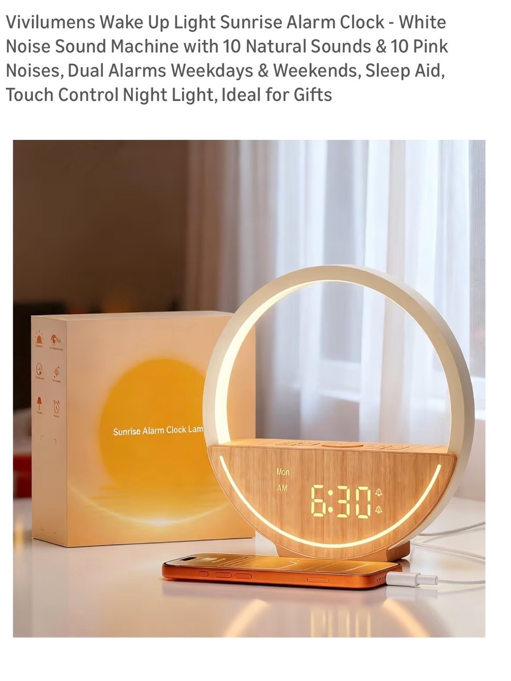 Sunrise Wake-Up Light Alarm Clock - Wood & White
